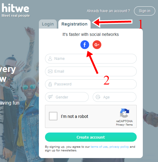 Hitwe Facebook Sign Up & Login on www.hitwe.com Registration Page