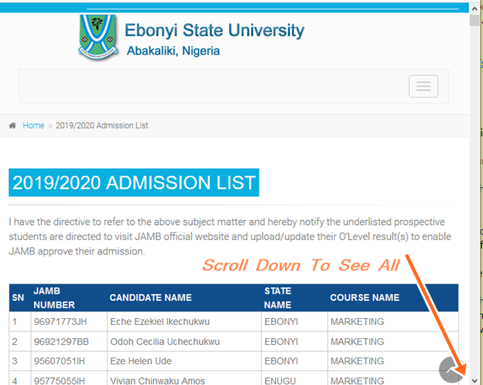 How To Check Ebonyi State Admission List Online at https://ebsu.edu.ng/